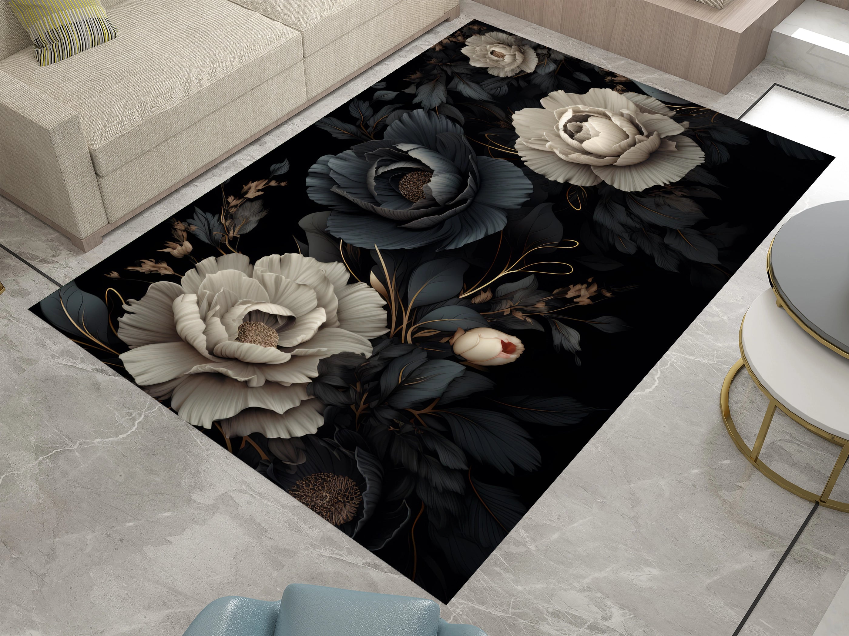 3D Black Roses Area Rugs For Living Room Bedroom, Modern Design Carpet, Dinning Room Washable Rug