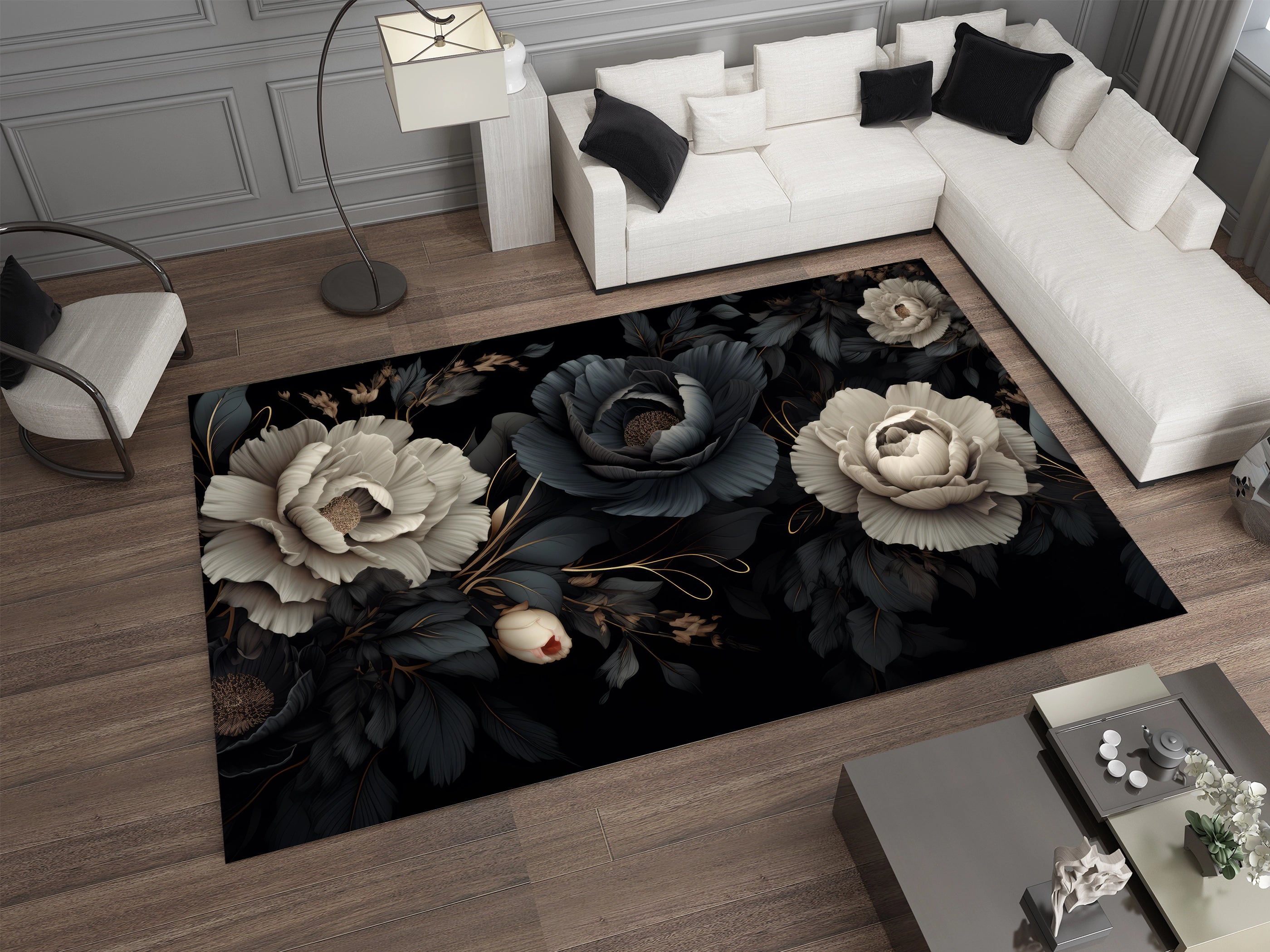 3D Black Roses Area Rugs For Living Room Bedroom, Modern Design Carpet, Dinning Room Washable Rug