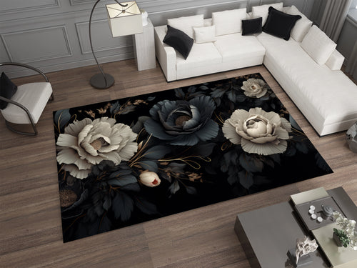 3D Black Roses Area Rugs For Living Room Bedroom, Modern Design Carpet, Dinning Room Washable Rug