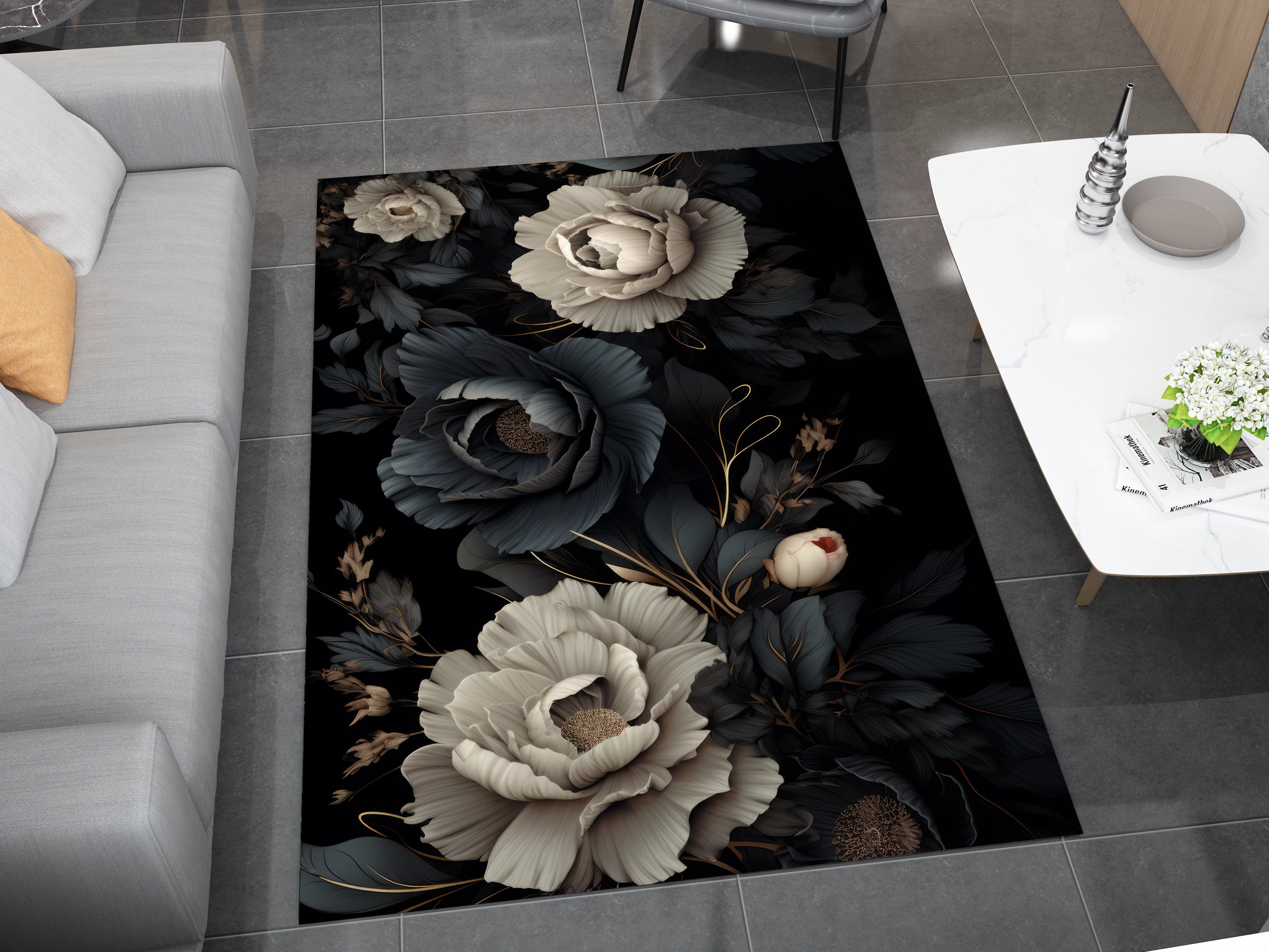 3D Black Roses Area Rugs For Living Room Bedroom, Modern Design Carpet, Dinning Room Washable Rug